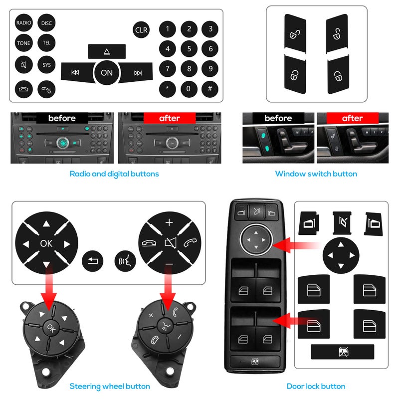 RDBS Car Interior Button Repair Decals Kit Steering Wheel Window Switch Door Lock Radio Number Stickers Fits for 2008-2014 Mercedes Benz W204 C250 C350 E-Class ML GL GLK - Image 3